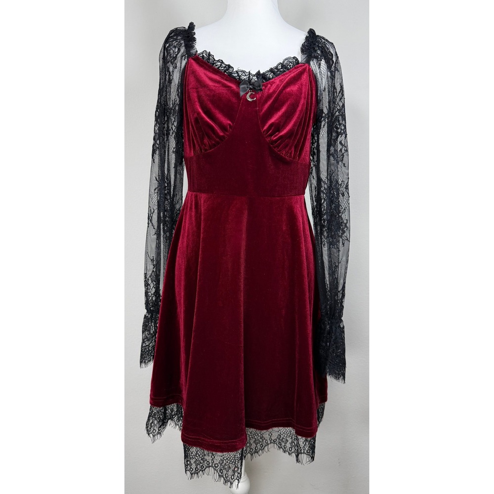 Velvet Lace Mini Dress Womens Size M Burgundy Gothic Whimsigoth Celestial Witchy
